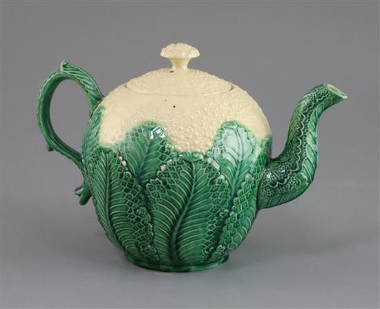 A Staffordshire creamware cauliflower teapot and cover, circa 1770-80, H. 14.5cm, minor glaze chips
